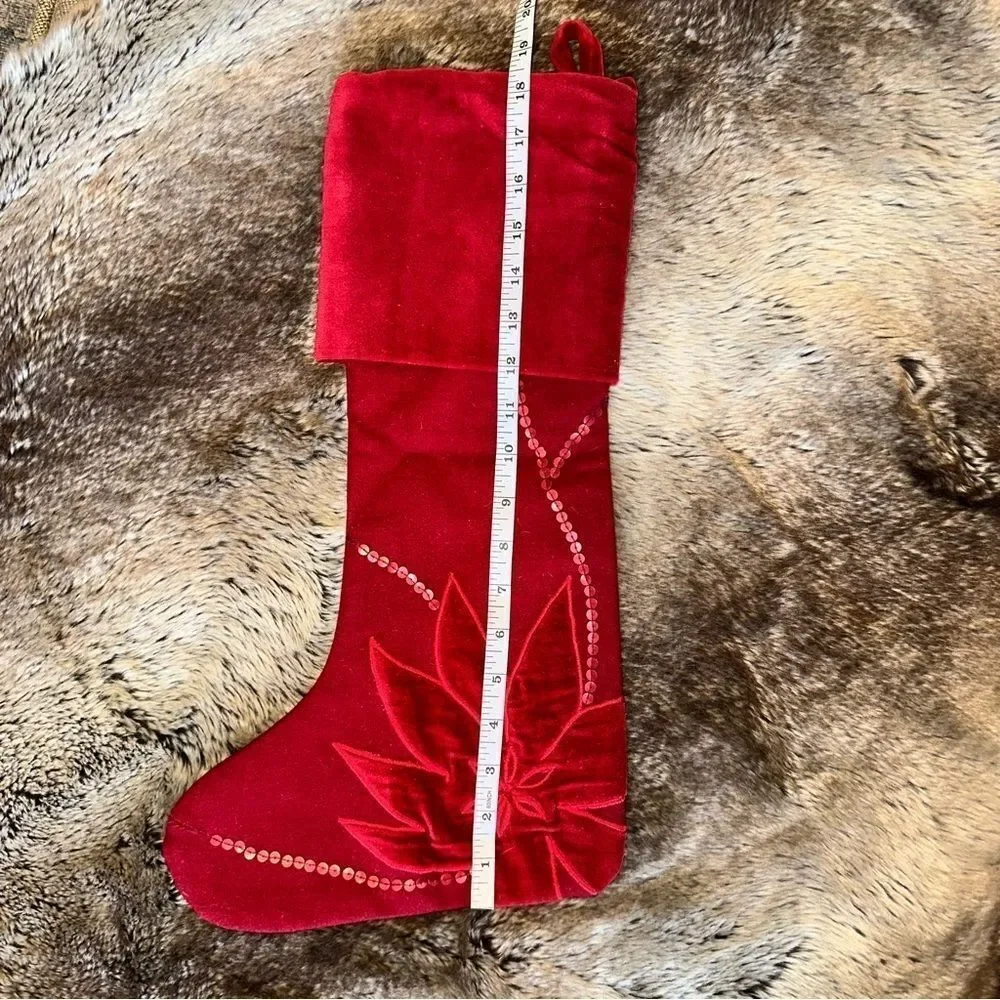 Crate & Barrel Red Poinsettia Stocking Velvet and Wool